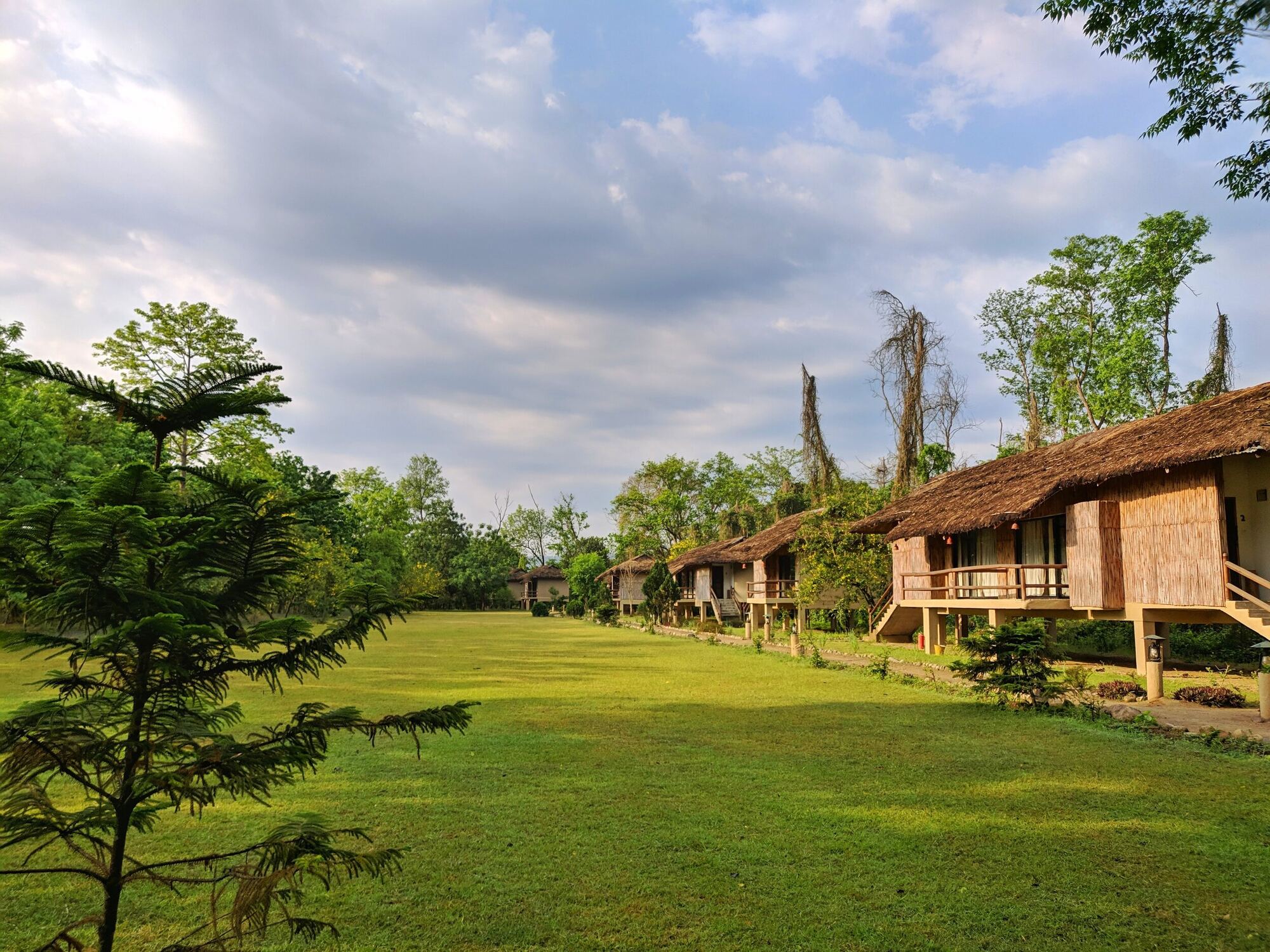 Morning sunshine across the resort's lush garden